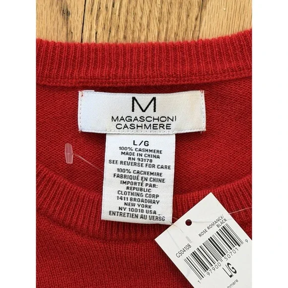 Magaschoni Paris Cashmere Sweater Women's Large Red Valentines Soft Crewneck NEW - Picture 3 of 7